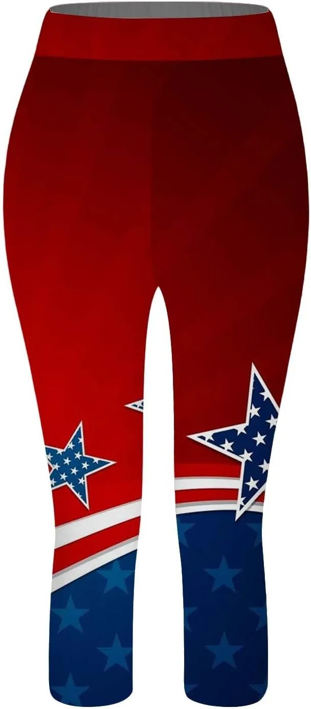 Capri Leggings for Women 2024 Women Capris Leggings Classic American Flag Print Yoga Running Pants Soft Tights Capri
