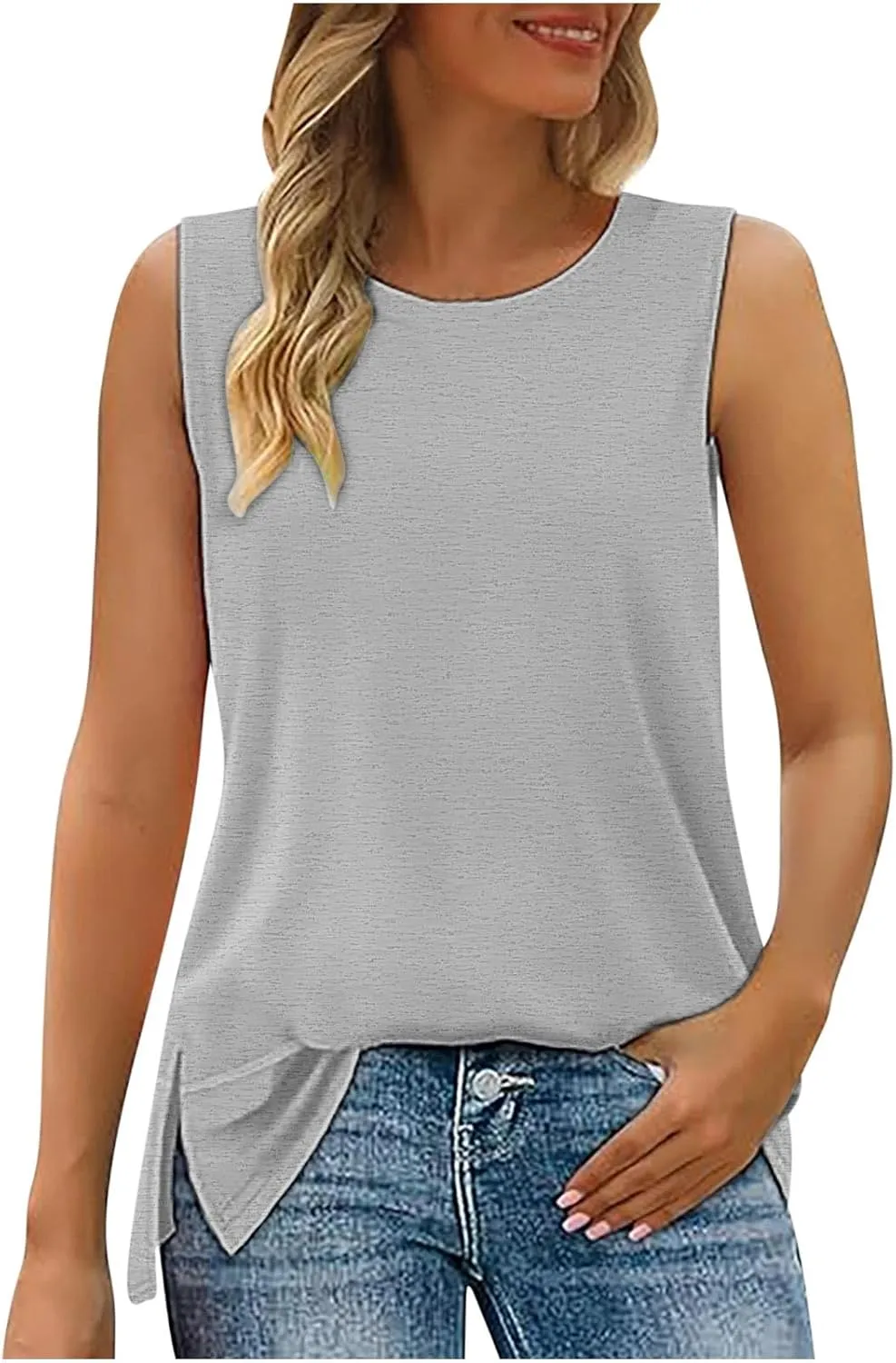 Flowy Side Split Basic Tank Tops for Women Summer Casual Comfy Boat Neck Sleeveless Shirt Loose Fit Beach Tunic Top