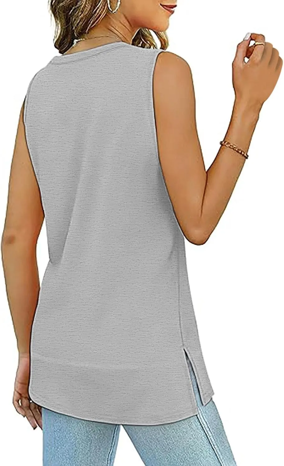 Flowy Side Split Basic Tank Tops for Women Summer Casual Comfy Boat Neck Sleeveless Shirt Loose Fit Beach Tunic Top