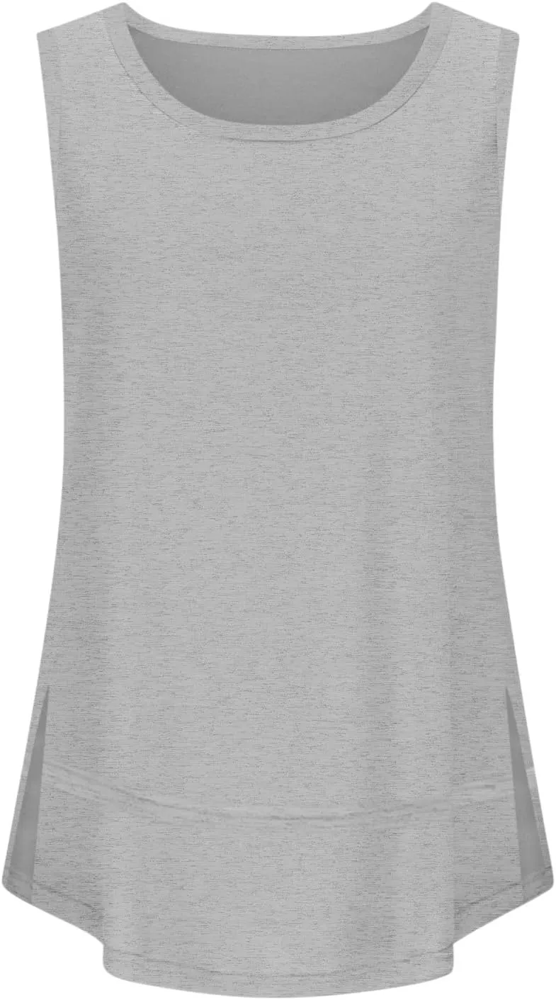 Flowy Side Split Basic Tank Tops for Women Summer Casual Comfy Boat Neck Sleeveless Shirt Loose Fit Beach Tunic Top