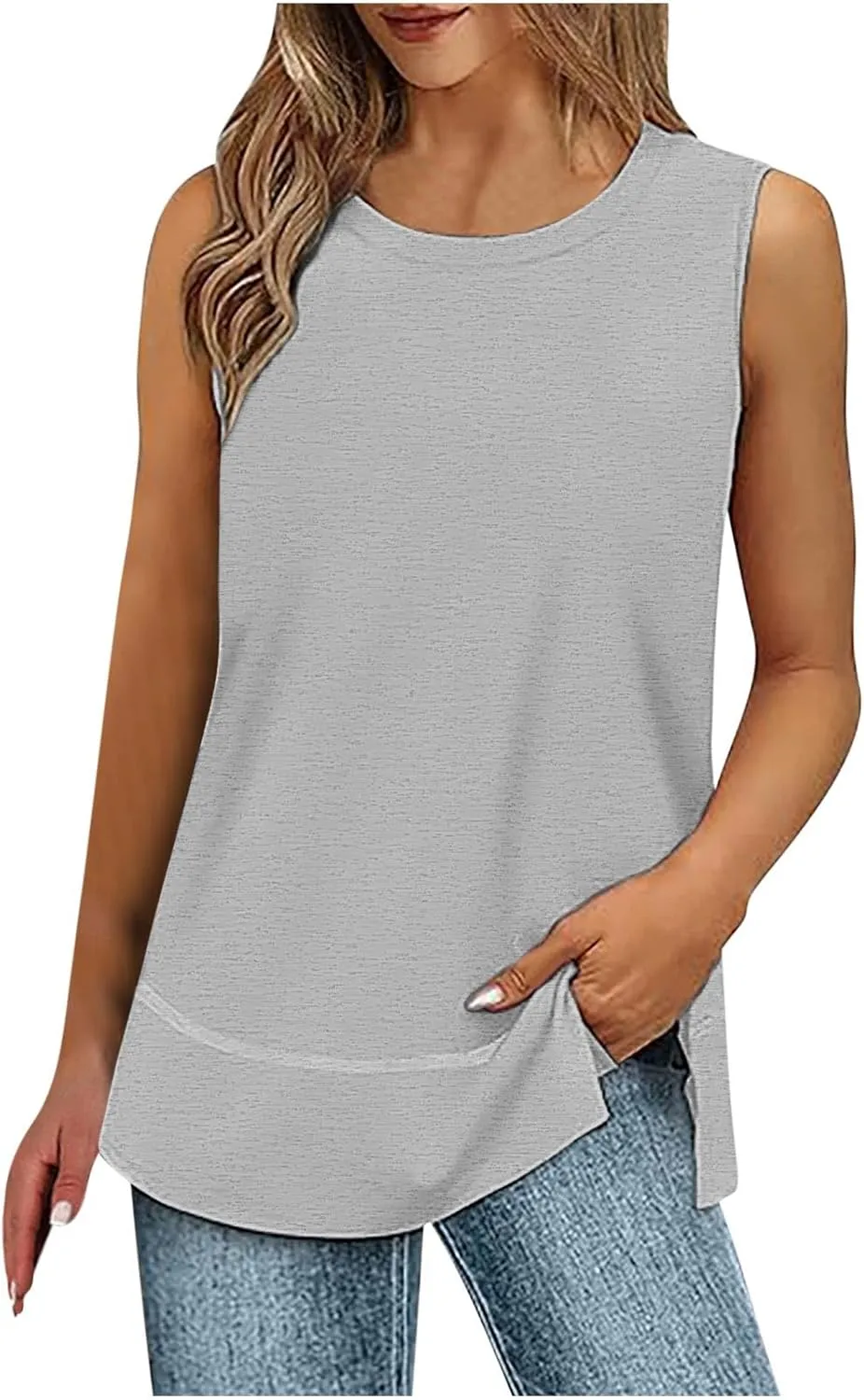 Flowy Side Split Basic Tank Tops for Women Summer Casual Comfy Boat Neck Sleeveless Shirt Loose Fit Beach Tunic Top