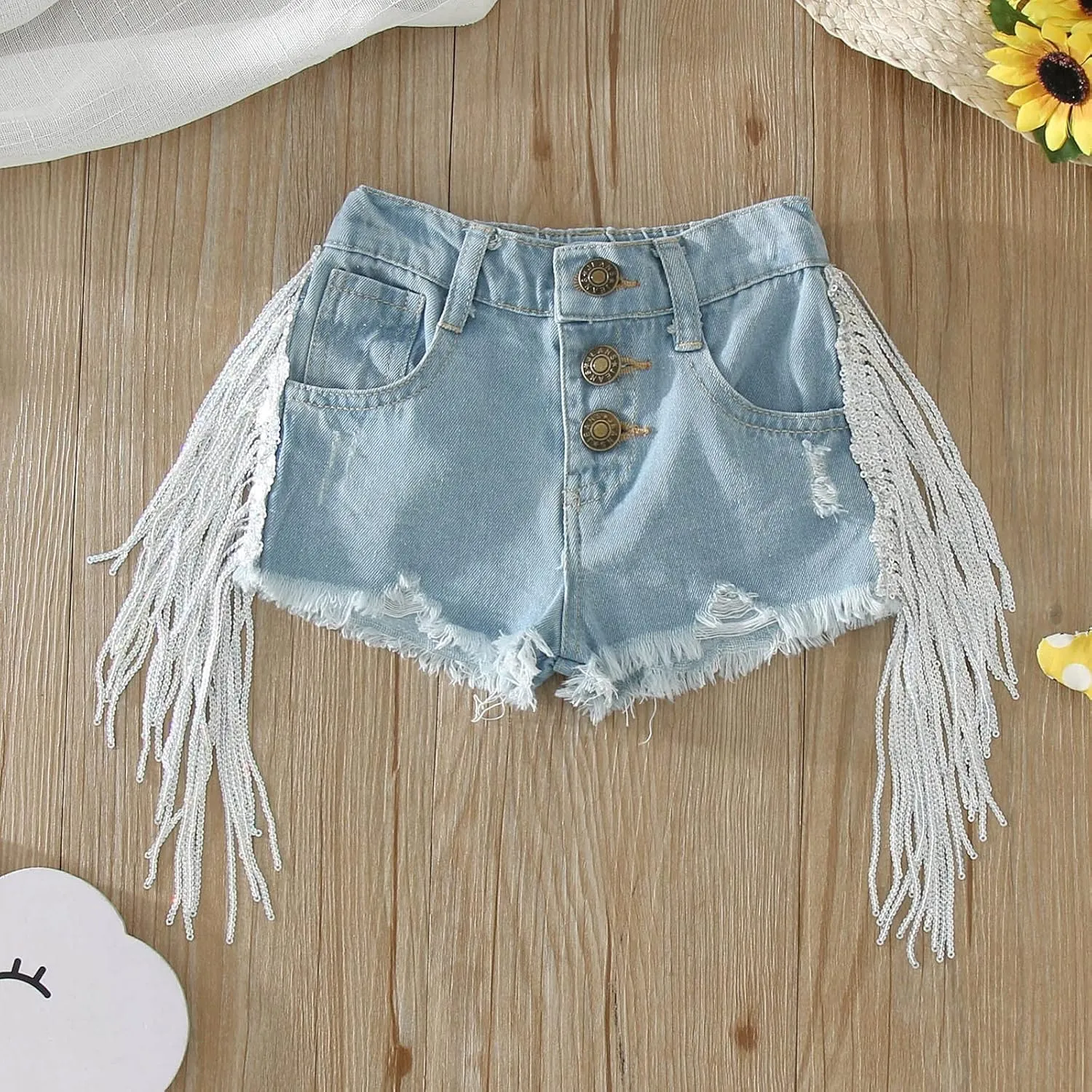 Infant Baby Girls Tassel Denim Shorts Toddler Wide Leg Ripped Short Jeans Fashion Outwear Bottoms with Button