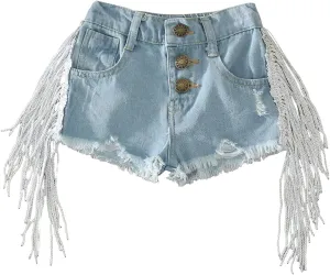 Infant Baby Girls Tassel Denim Shorts Toddler Wide Leg Ripped Short Jeans Fashion Outwear Bottoms with Button