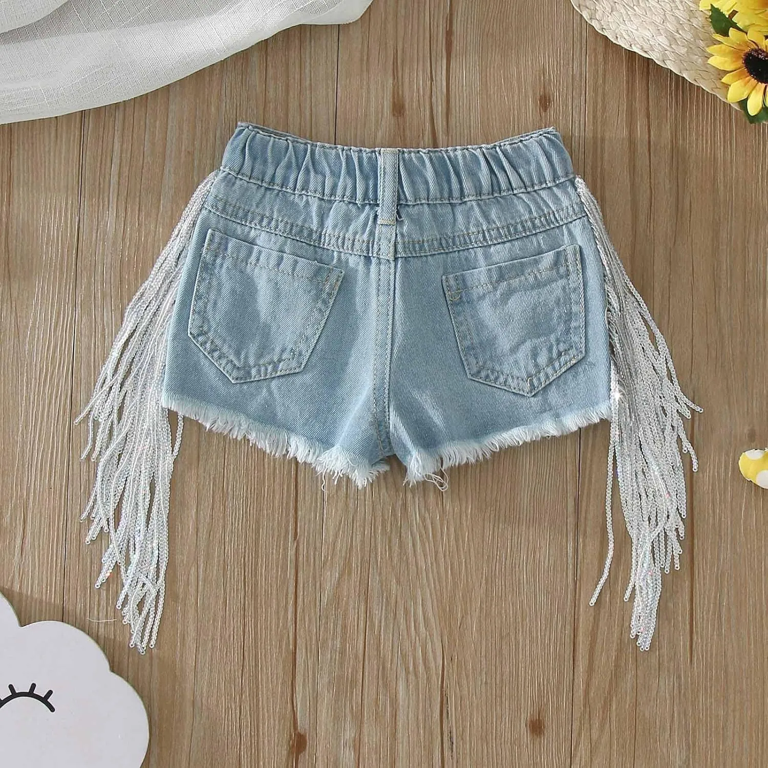 Infant Baby Girls Tassel Denim Shorts Toddler Wide Leg Ripped Short Jeans Fashion Outwear Bottoms with Button