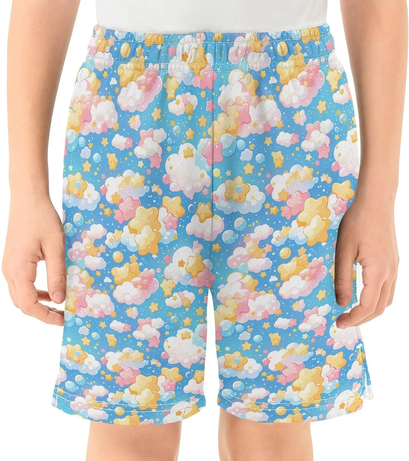 JUNZAN Cute Stars with Clouds Athletic Shorts Boys with Pockets Soccer Short Pants Youth Boy Basketball Shorts