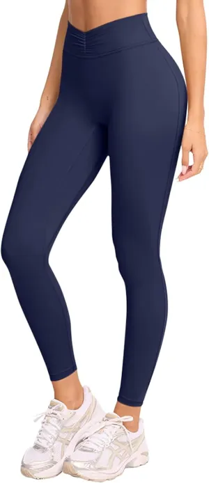 LASLULU V-High Waisted Workout Leggings for Women 28" Gathered Buttery Soft Compression Leggings Yoga Workout Pants