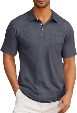 Mens Summer Shirts Casual Short Sleeve Performance Golf T-Shirt Basic 3 Button Up Collared Tee Tops with Pocket