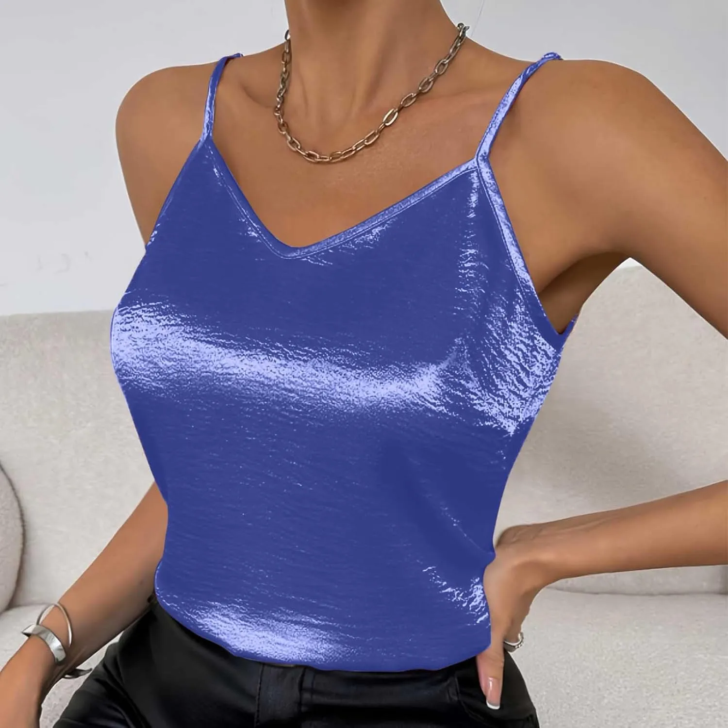 Women Metallic Shiny Cami Tops Summer Retro Causal Camisole Adjustable Spaghetti Strap Sleeveless Y2K Crop Tank Top