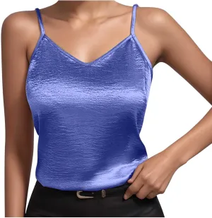 Women Metallic Shiny Cami Tops Summer Retro Causal Camisole Adjustable Spaghetti Strap Sleeveless Y2K Crop Tank Top