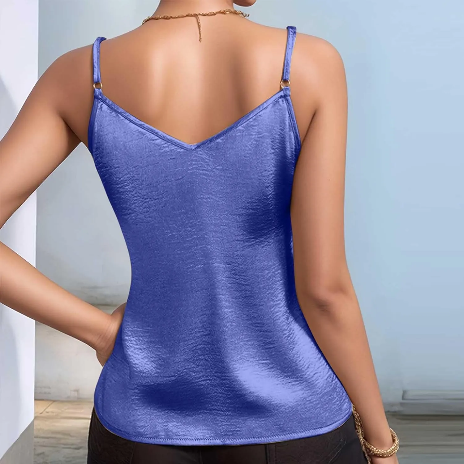 Women Metallic Shiny Cami Tops Summer Retro Causal Camisole Adjustable Spaghetti Strap Sleeveless Y2K Crop Tank Top