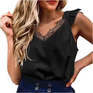 Women Solid Color Sleeveless V-Neck Summer Shirts, Fashion Loose Lace Trim Casual Tank Tops Going Out Trendy Clothes