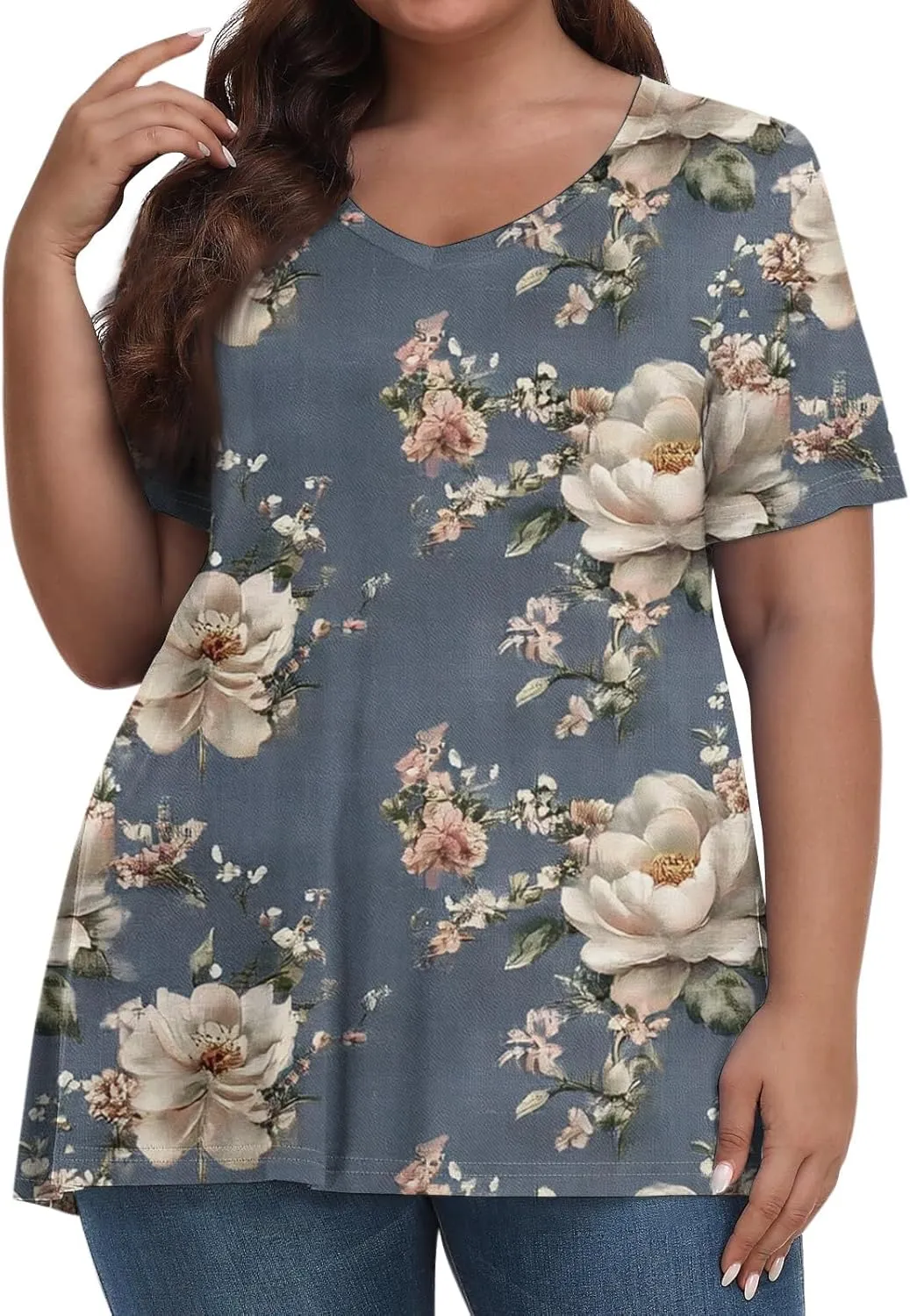 Womens Plus Size V Neck T Shirts 2025 Summer Short Sleeve Tee Blouses Casual Loose Fit Cotton Tunic Tops Floral Print