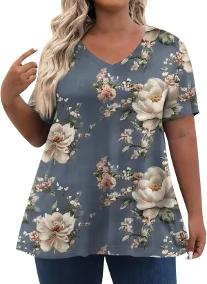 Womens Plus Size V Neck T Shirts 2025 Summer Short Sleeve Tee Blouses Casual Loose Fit Cotton Tunic Tops Floral Print
