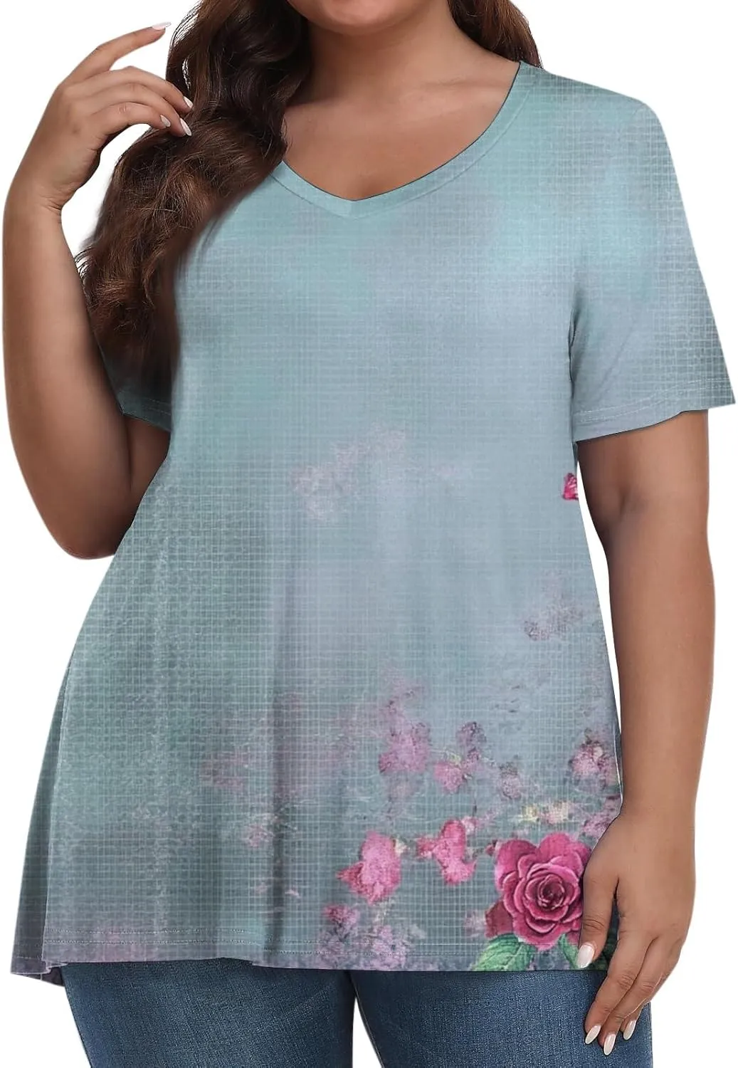 Womens Plus Size V Neck T Shirts 2025 Summer Short Sleeve Tee Blouses Casual Loose Fit Cotton Tunic Tops Floral Print