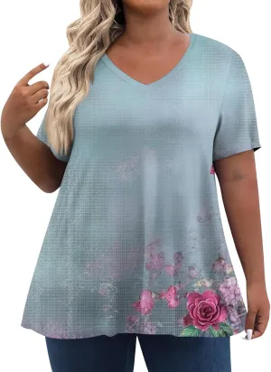 Womens Plus Size V Neck T Shirts 2025 Summer Short Sleeve Tee Blouses Casual Loose Fit Cotton Tunic Tops Floral Print